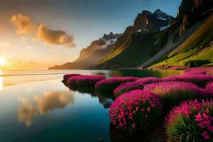 the sun rises over a lake and pink flowers. AI-Generated photo