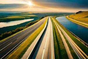 un autopista con carros conducción en eso a puesta de sol. generado por ai foto