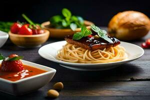 spaghetti, tomato sauce and bread on a wooden table. AI-Generated photo