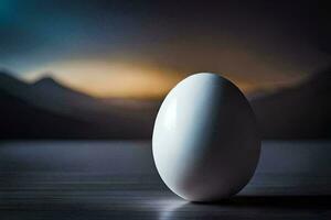an egg on a table with mountains in the background. AI-Generated photo