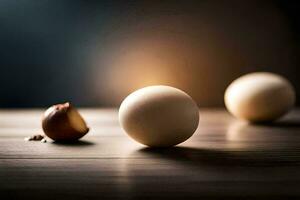 two balls sit on a table with a nut in the middle. AI-Generated photo