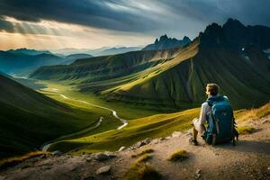 un hombre sentado en un montaña con un mochila. generado por ai foto