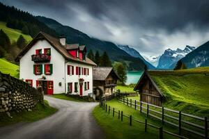 a house in the mountains with a road leading to it. AI-Generated photo