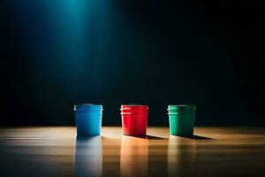 three colorful cups on a table with a dark background. AI-Generated photo