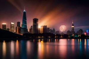 el ciudad horizonte a noche con fuegos artificiales. generado por ai foto