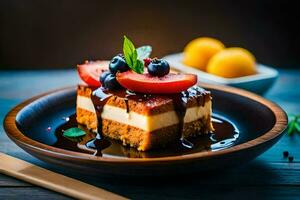 a dessert with fruit and chocolate on a wooden table. AI-Generated photo