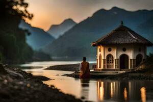 a man stands in front of a small hut in the middle of a river. AI-Generated photo