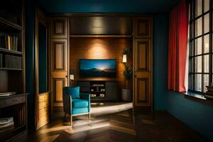 a room with blue walls and a blue chair. AI-Generated photo