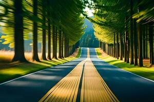 un largo la carretera con arboles en el antecedentes. generado por ai foto