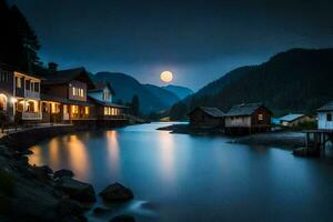 foto fondo de pantalla el luna, agua, montañas, casas, lago, el luna, el cielo,. generado por ai