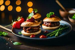 Tres mini deslizadores en un plato con fresas y hierbas. generado por ai foto