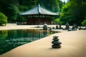 a stack of stones in front of a pagoda. AI-Generated photo