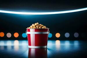 a bucket of popcorn on a table with lights. AI-Generated photo
