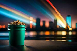 a bucket of peanuts in front of a city skyline. AI-Generated photo