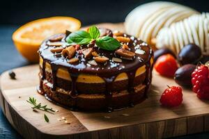 a cake with chocolate and fruit on a wooden cutting board. AI-Generated photo