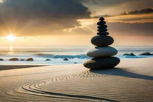 un apilar de rocas en el playa a puesta de sol. generado por ai foto