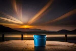 a blue bucket sits on a wooden table in front of a lake. AI-Generated photo