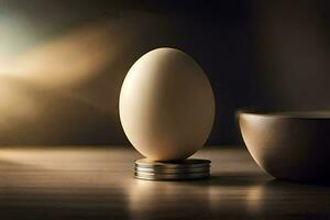 an egg sitting on top of a wooden table. AI-Generated photo