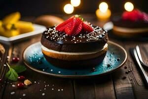 un chocolate pastel con fresas y un vela. generado por ai foto