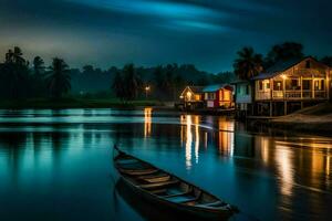 un barco se sienta en el agua a noche con casas en el antecedentes. generado por ai foto