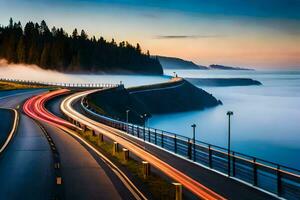 a long exposure photo of a highway with fog and trees. AI-Generated