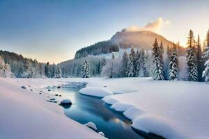 photo wallpaper the sky, snow, trees, river, mountains, sunrise, the sun, the. AI-Generated