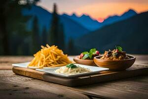 the food is served on a wooden table with a mountain view. AI-Generated photo