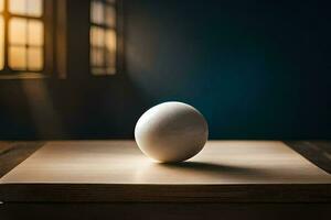 an egg on a wooden table in front of a window. AI-Generated photo