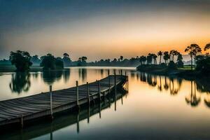 a wooden dock in the middle of a lake at sunrise. AI-Generated photo