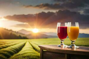 two glasses of juice on a table in front of a field. AI-Generated photo