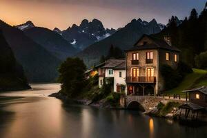 a house sits on the side of a river at sunset. AI-Generated photo