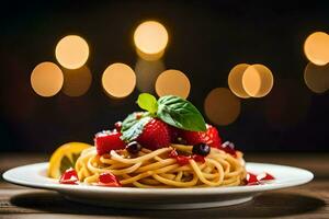 spaghetti with berries and lemon on a plate. AI-Generated photo