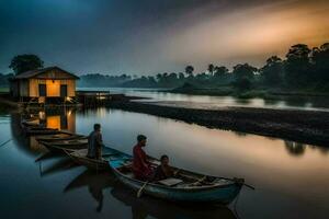 personas en pequeño barcos en el río a puesta de sol. generado por ai foto