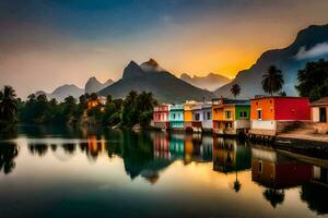 colorful houses on the shore of a lake at sunset. AI-Generated photo