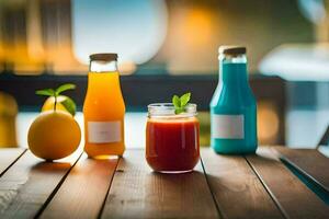 Tres botellas de jugo y un vaso de jugo en un mesa. generado por ai foto