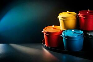 a group of colorful buckets with lit candles. AI-Generated photo