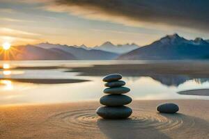 zen piedras en el playa a puesta de sol. generado por ai foto