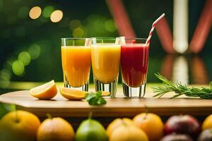 three glasses of juice with oranges and apples. AI-Generated photo