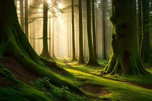 el Dom brilla mediante el arboles en un bosque. generado por ai foto