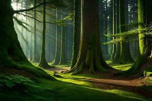 the sun shines through the trees in a forest. AI-Generated photo