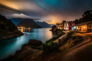 photo wallpaper night, the sky, mountains, the sea, houses, the lake, the mountains. AI-Generated