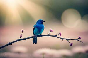 un azul pájaro se sienta en un rama en frente de rosado flores generado por ai foto