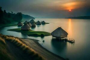 a lake with thatched huts at sunset. AI-Generated photo