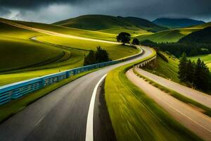 a long exposure photo of a winding road in the mountains. AI-Generated