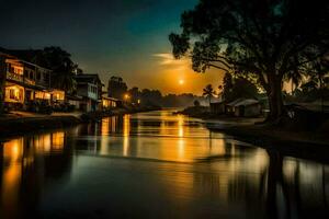 un río a puesta de sol con casas y arboles generado por ai foto