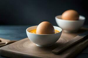 two eggs in white bowls on a cutting board. AI-Generated photo
