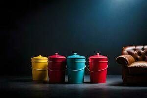 colorful trash cans and a leather chair. AI-Generated photo