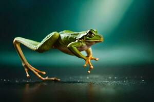 a frog jumping on the ground. AI-Generated photo