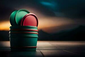 a green and red bucket sitting on a wooden floor. AI-Generated photo