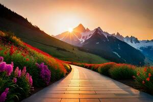 the sun rises over a mountain with flowers and a pathway. AI-Generated photo